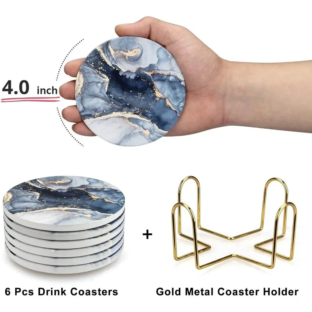 Navy Blue Marble Coasters Set of 6 with Gold Holder - Absorbent & Stylish Decor